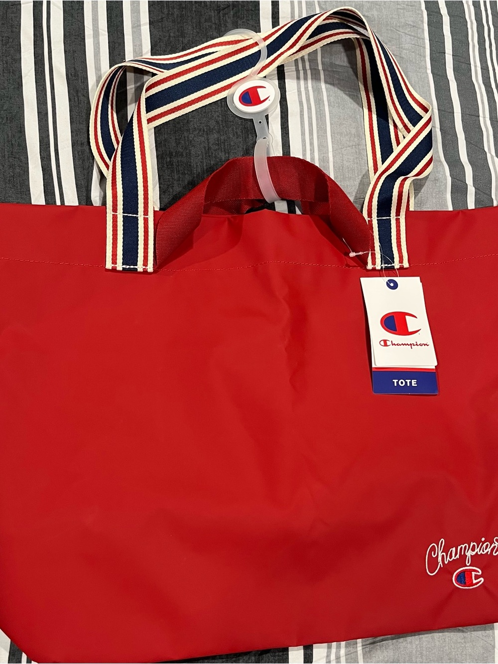 Champion Red Tote with Striped Navy and White Webbing Handles